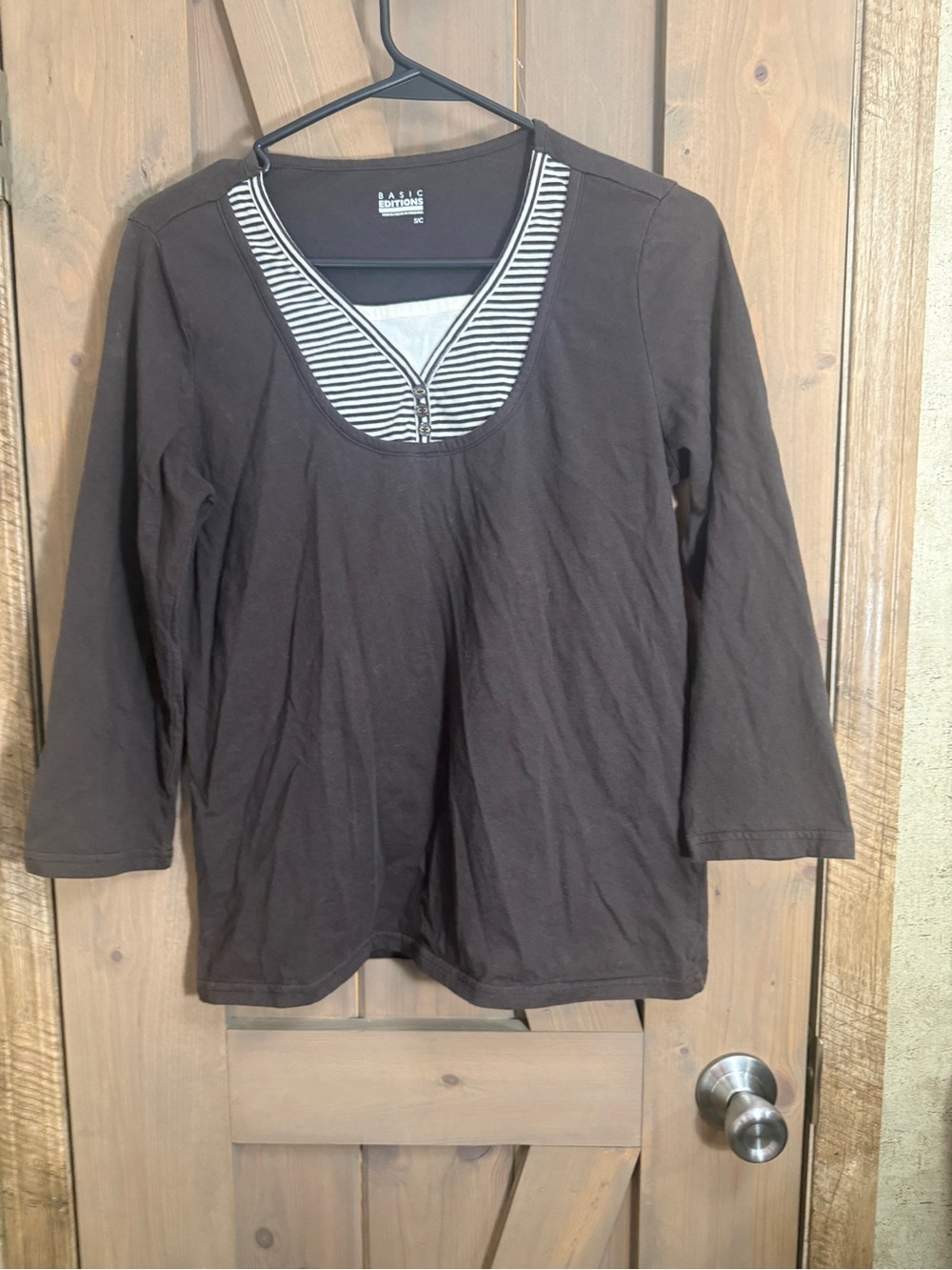 Bundle 2/$10 Basic Editions Brown Long Sleeve Layered-Look Top with Striped Inse